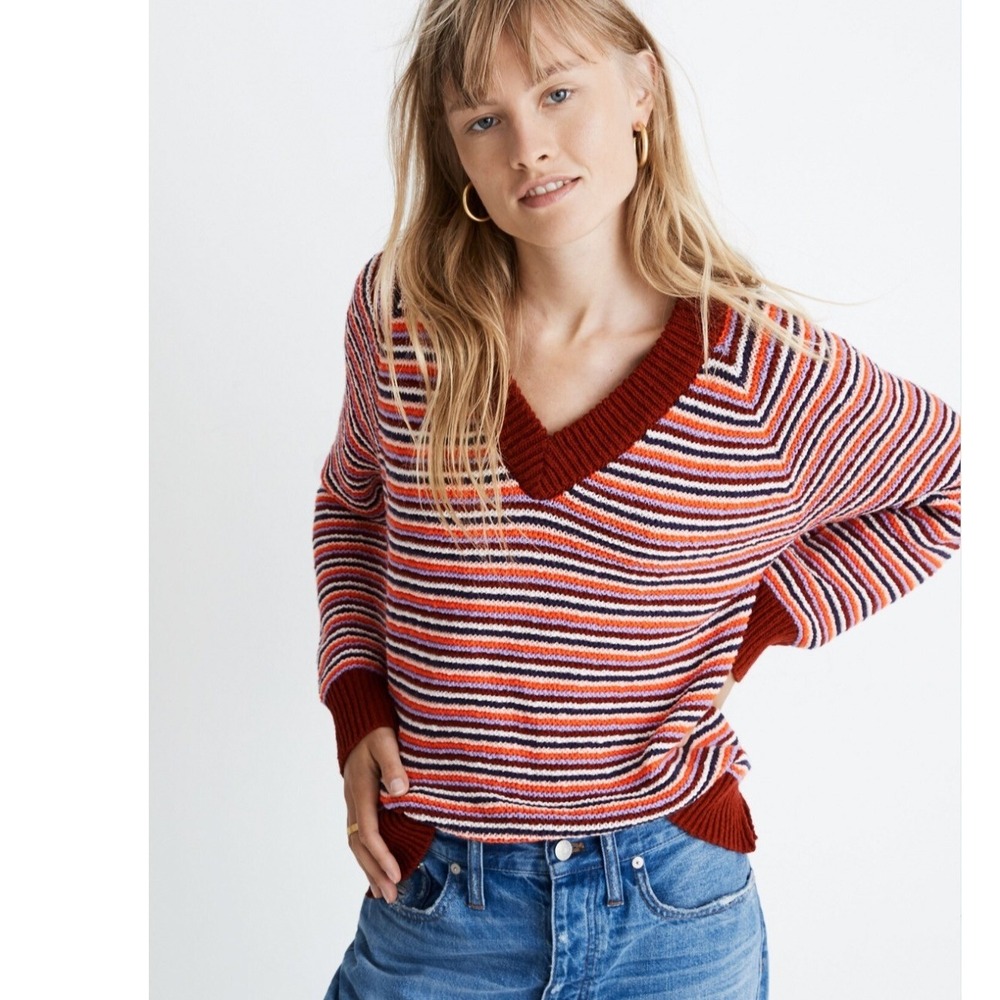 Madewell Arden Striped V-Neck Crop Sweater Brown Orange Sz XS AC786
